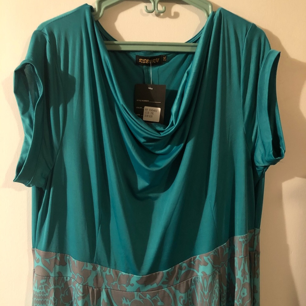 Reborn 2X womans dress, NWT Aqua and gray.